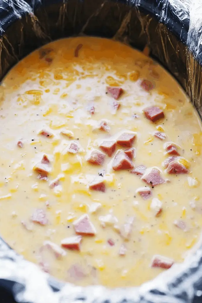 Slow Cooker Ham and Cheese Soup in a bowl with cheese and ham