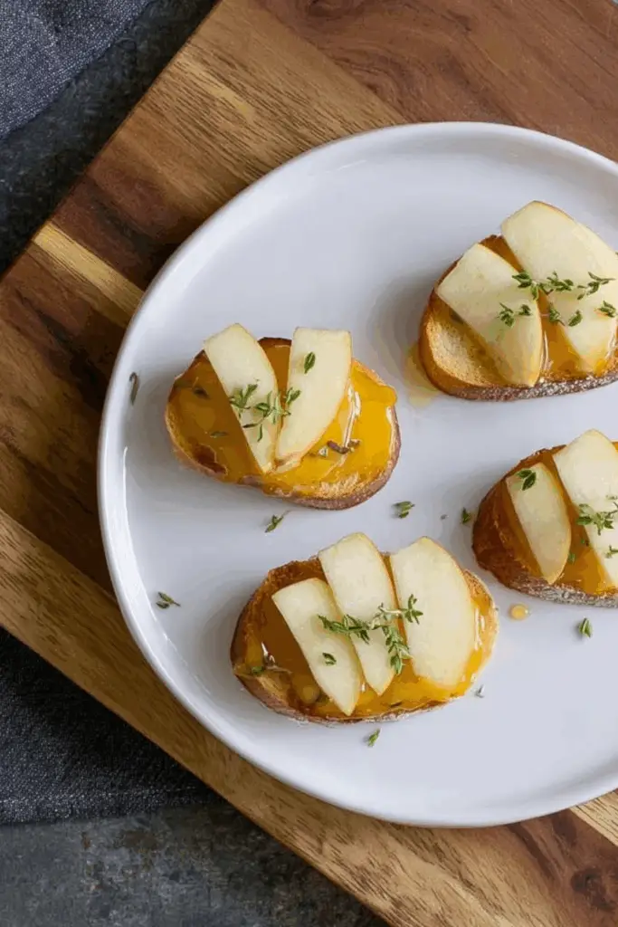 Smoked Gouda & Apple Crostini topped with thyme and honey drizzle