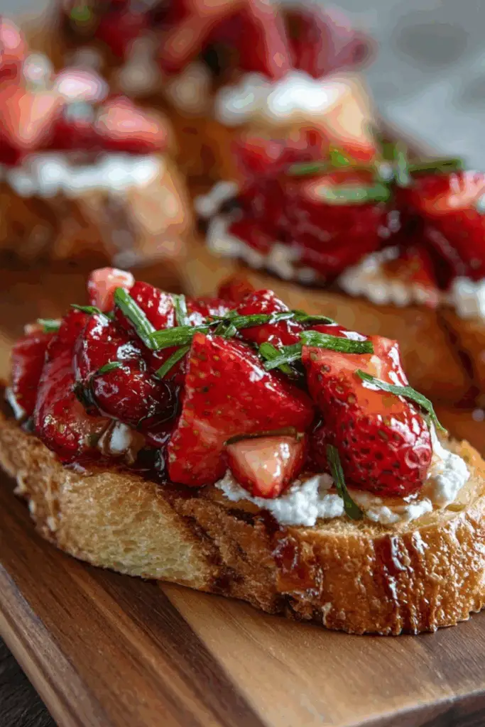 Strawberry Goat Cheese Bruschetta topped with fresh basil and balsamic glaze