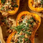 Stuffed Butternut Squash with sausage and brown rice filling