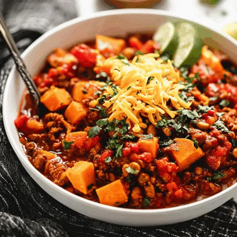 Turkey Sweet Potato Chili with ground turkey, sweet potatoes, and toppings