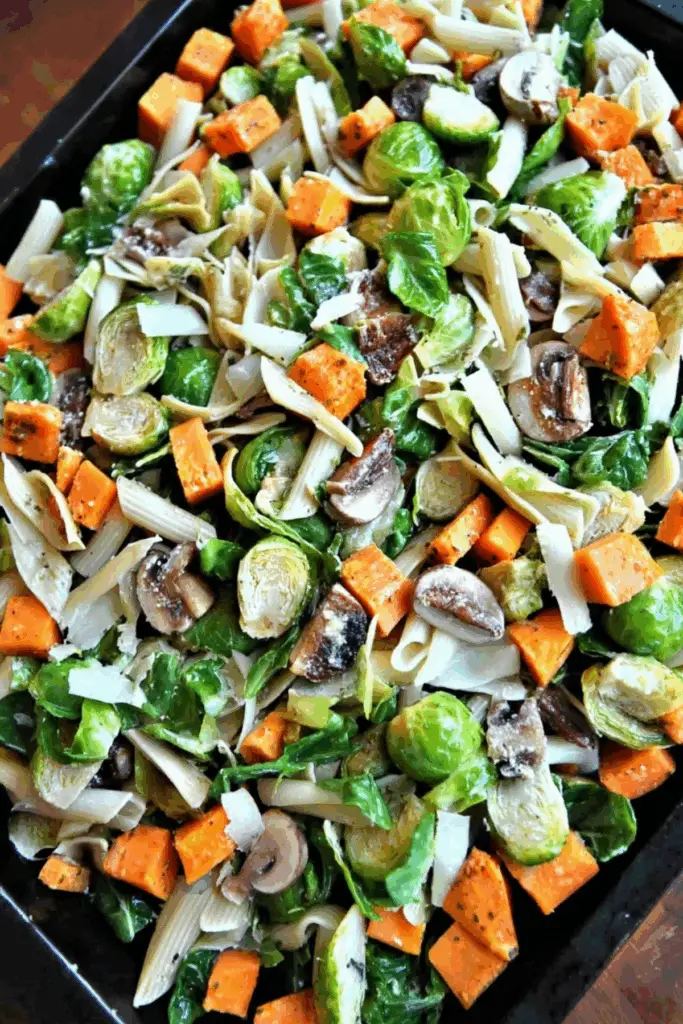 Vegan Fall Pasta Salad with roasted vegetables and creamy poppy seed dressing