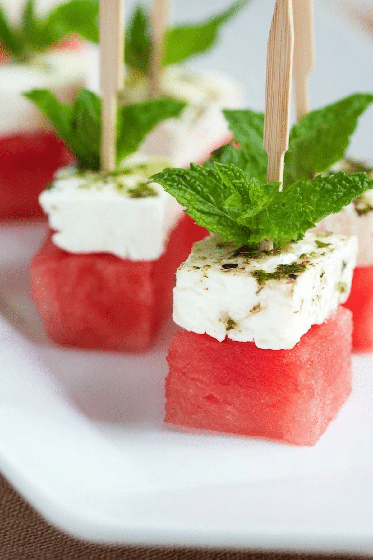 Watermelon Feta Skewers with Mint Leaves, Refreshing Summer Appetizer