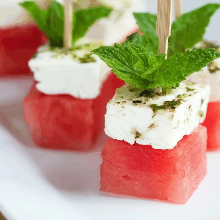 Watermelon Feta Skewers with Mint Leaves, Refreshing Summer Appetizer