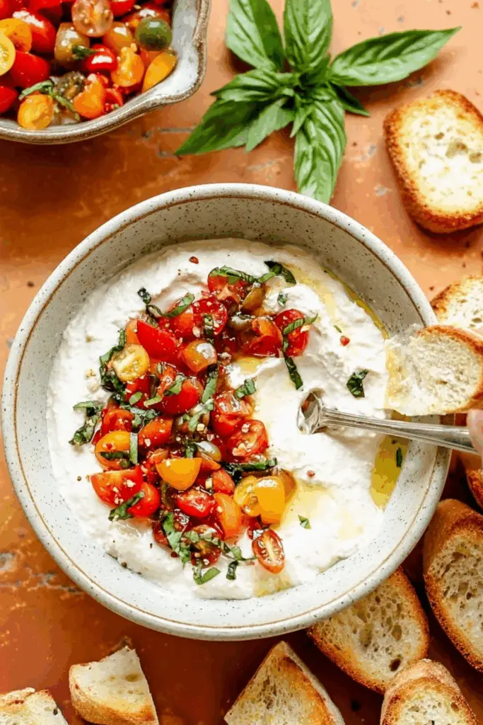 Whipped Feta Bruschetta Dip served with crispy crostini