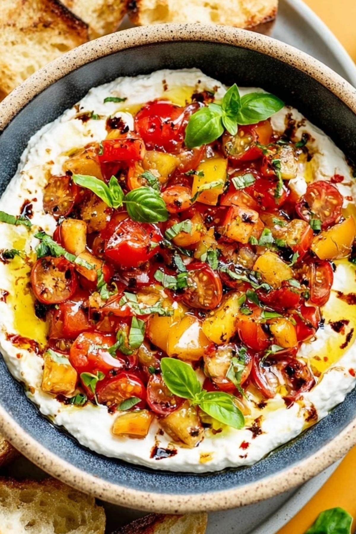 Whipped Feta Bruschetta Dip served with crispy crostini