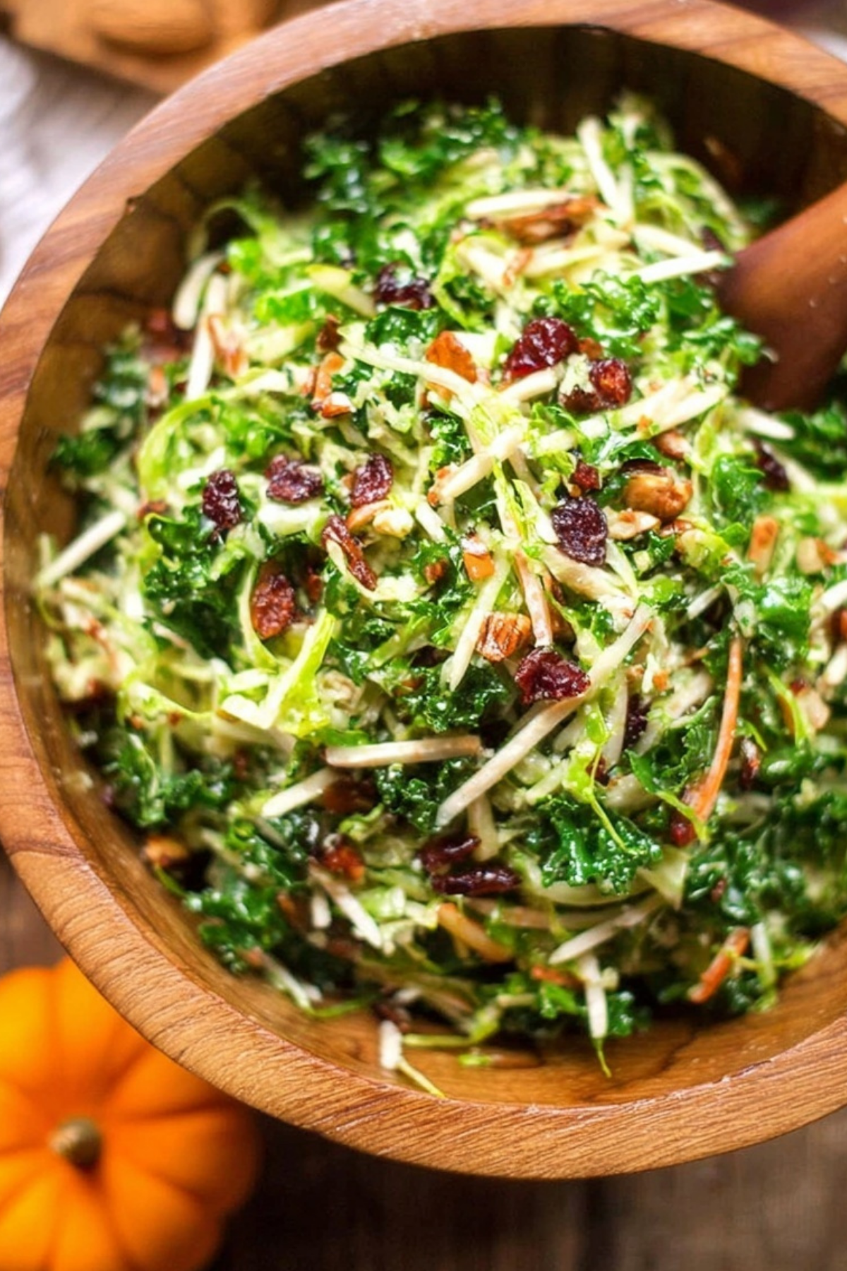 brussels kale salad with apples, bacon, and cheddar
