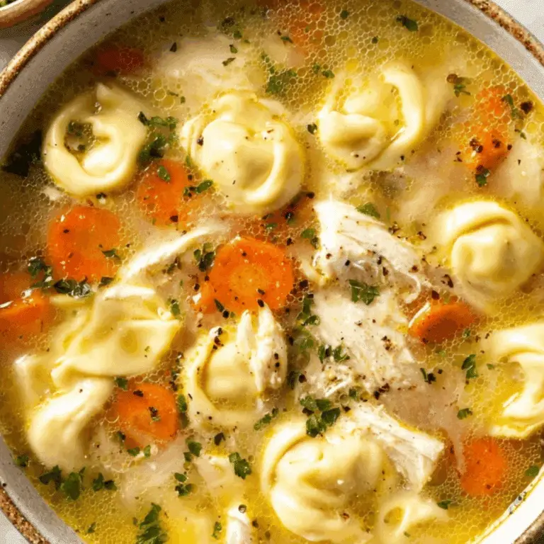 Chicken tortellini soup served in a bowl with fresh parsley and cheese.