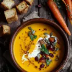 Apple Carrot and Pumpkin Soup in a bowl with garnish