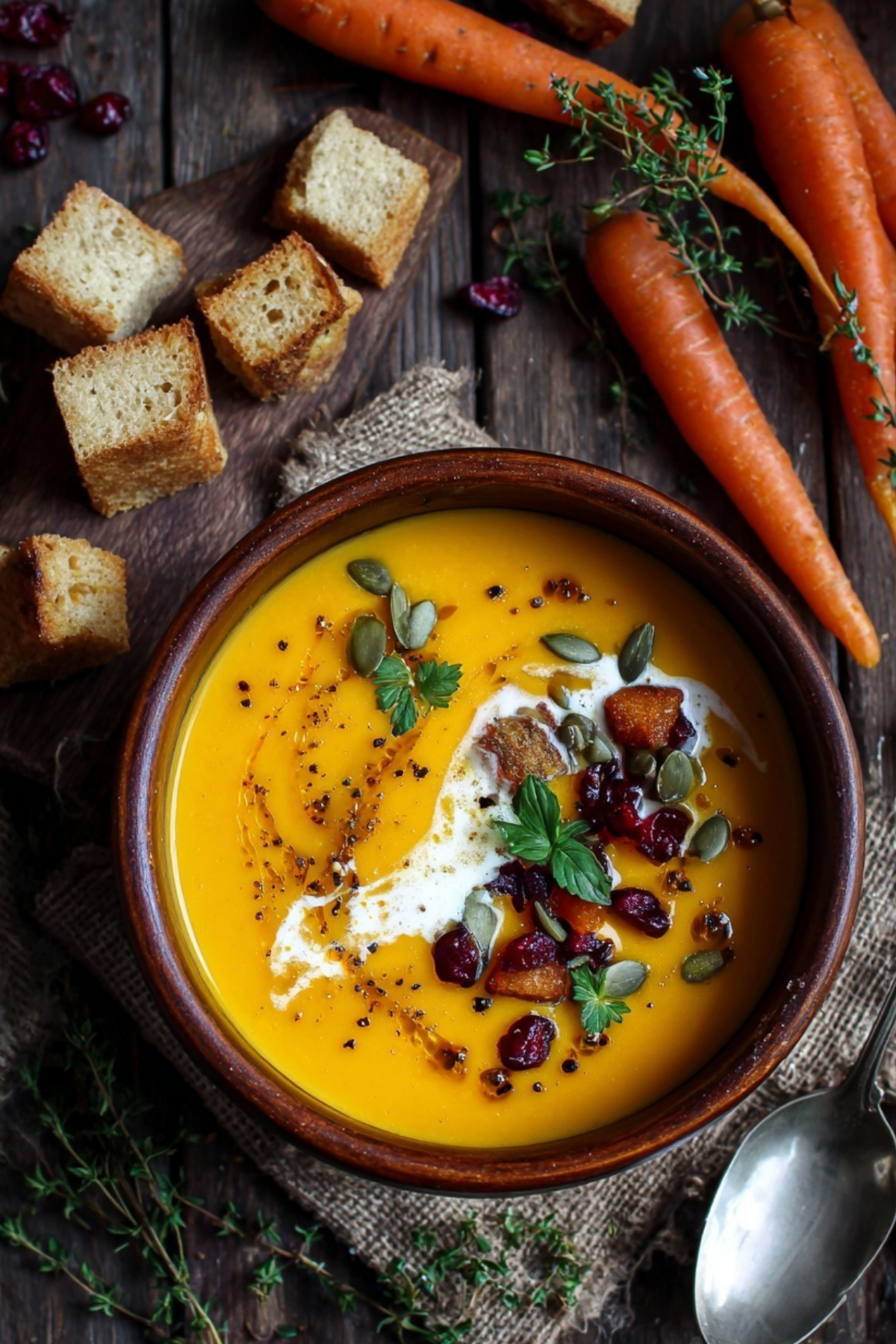 Apple Carrot and Pumpkin Soup in a bowl with garnish