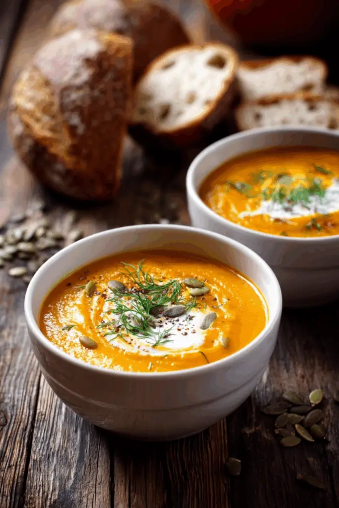 Apple Carrot and Pumpkin Soup in a bowl with garnish