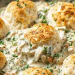 Creamy Country Chicken and Biscuits Casserole with Cheesy Biscuits