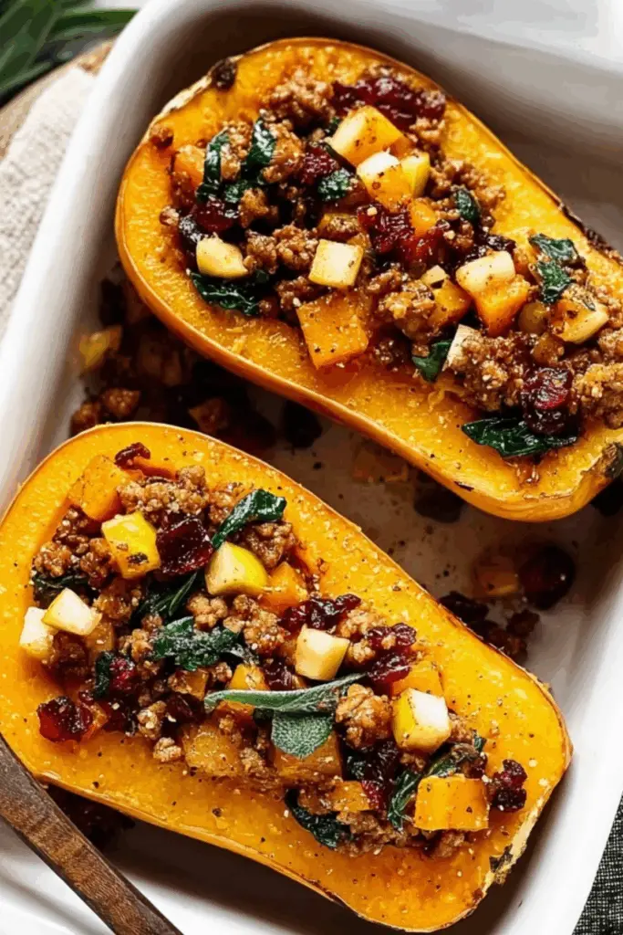 Sausage Stuffed Butternut Squash with cranberries and pecans