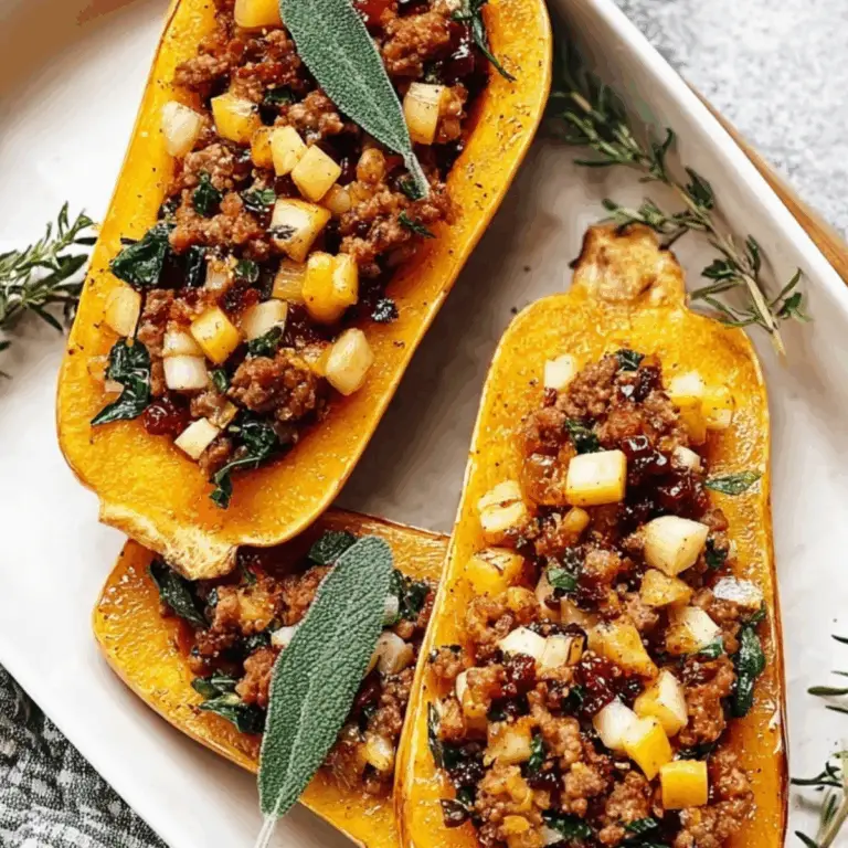 Sausage Stuffed Butternut Squash with cranberries and pecans