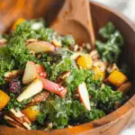 Autumn Kale Salad with Maple Balsamic Vinaigrette topped with squash and apples