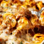 Cheesy baked tortellini in casserole dish with marinara and beef