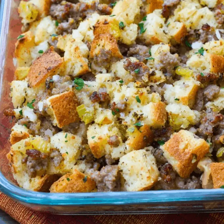 Best Italian Sausage and Herb Stuffing recipe with fresh herbs and Italian sausage