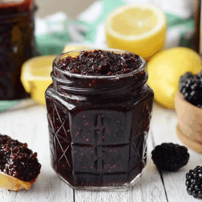 Blackberry Vanilla Bourbon Jam in glass jar with spoon