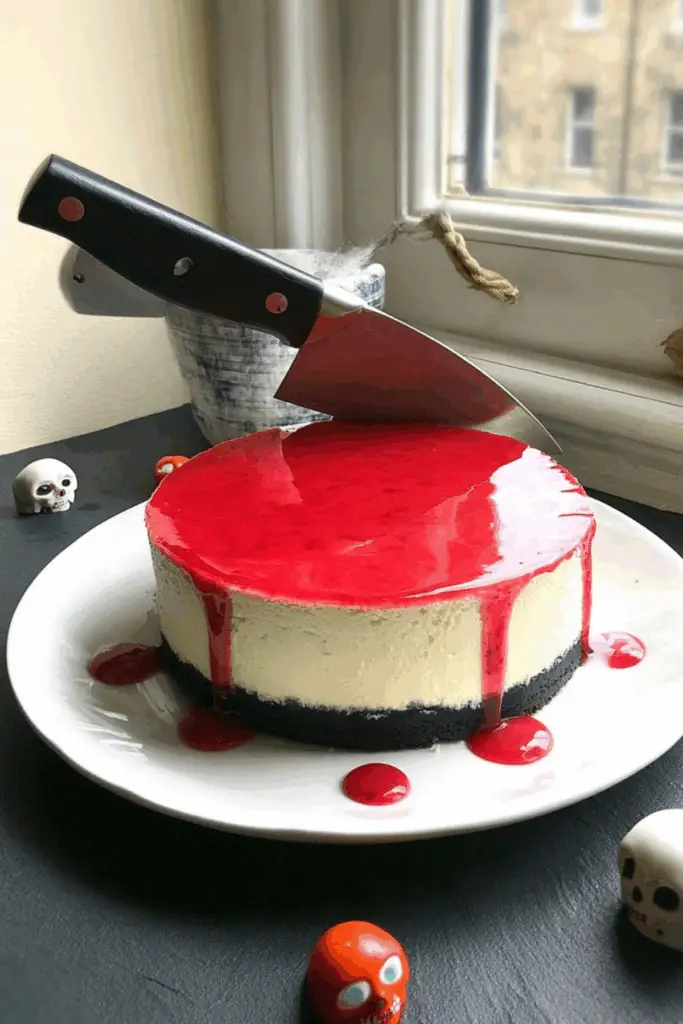 Bloody Good Halloween Cheesecake with chocolate cookie base and red drip effect