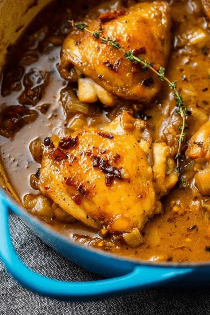 Cider Braised Chicken in one pot with caramelized onions