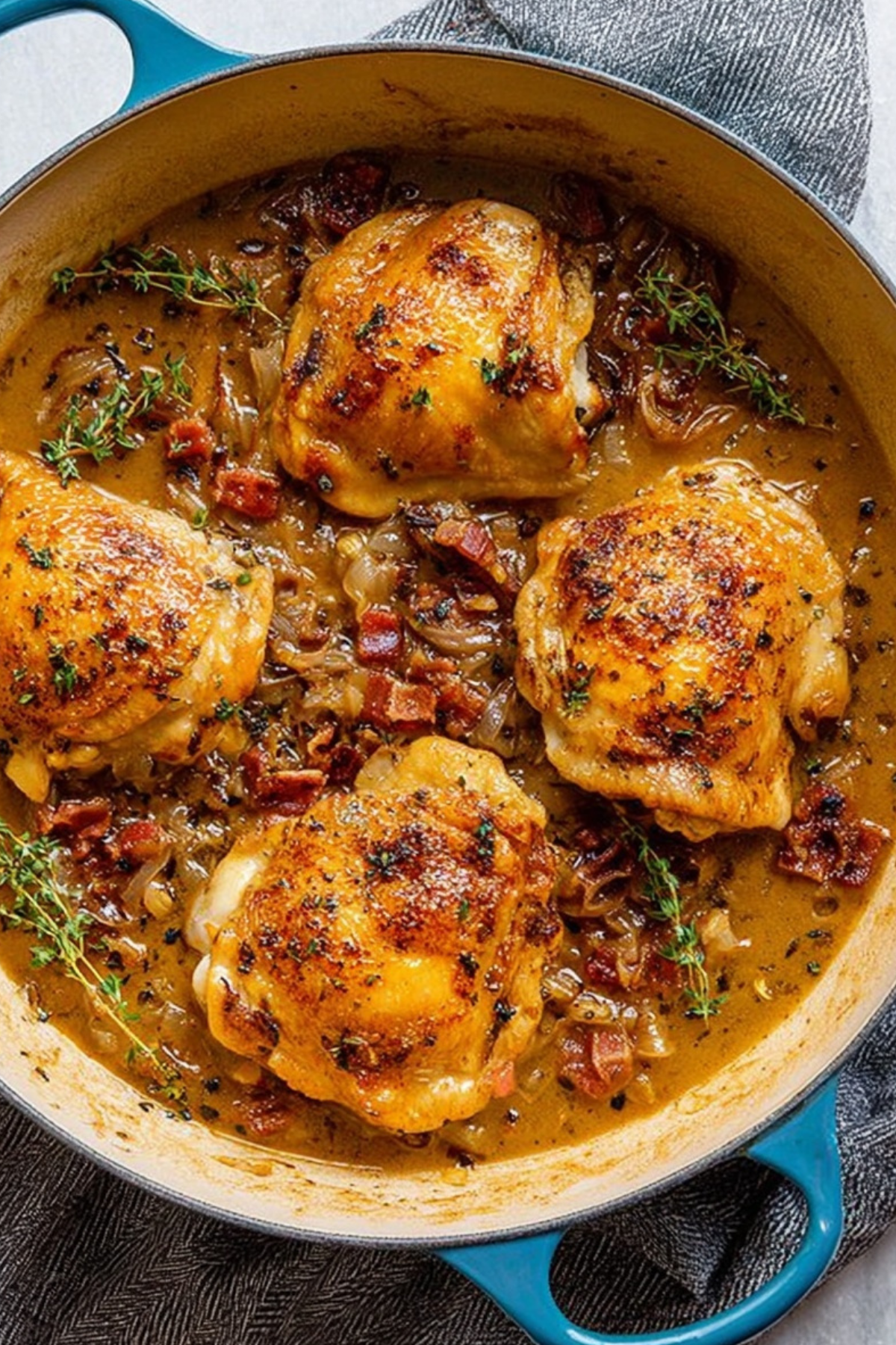 Cider Braised Chicken in one pot with caramelized onions