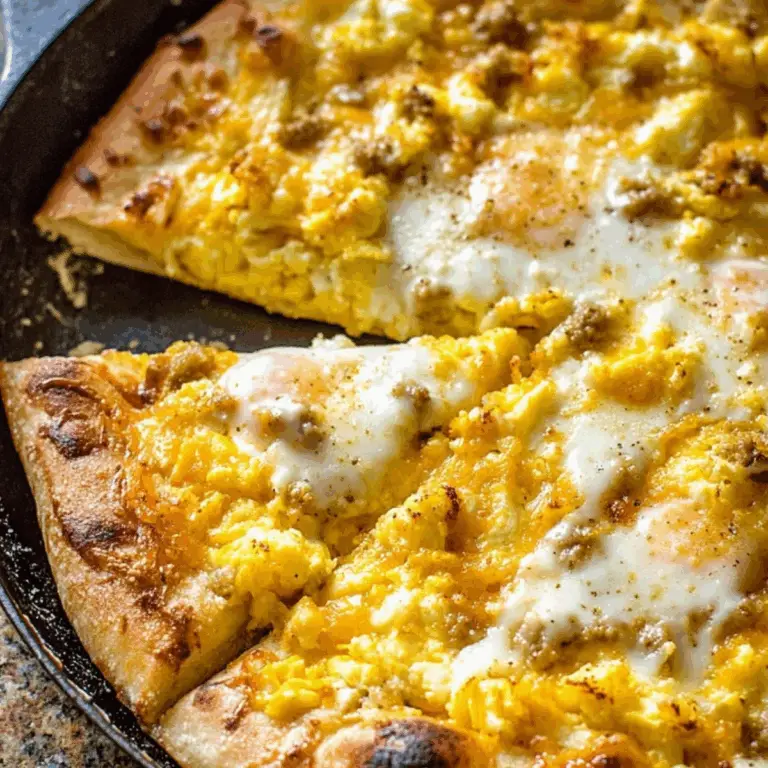 Breakfast Pizza with Sausage Gravy topped with eggs and cheese