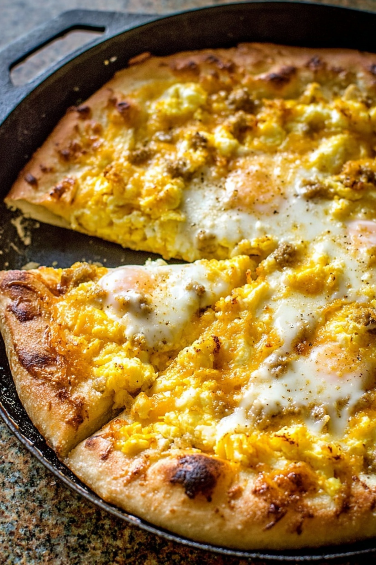 Breakfast Pizza with Sausage Gravy topped with eggs and cheese