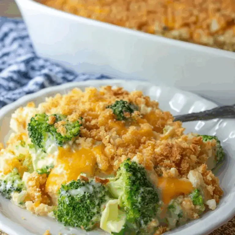 Broccoli Cheese Casserole baked with cheddar cheese and a crispy topping