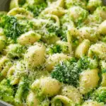 Healthy Broccoli Pasta in white bowl with Parmesan