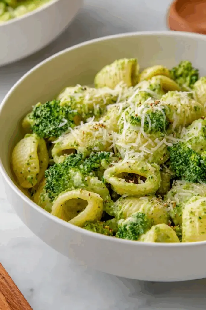 Healthy Broccoli Pasta in white bowl with Parmesan