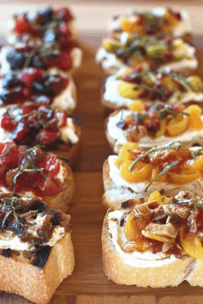 Bruschetta Bar with mascarpone, fruit, and toppings on toasted baguette
