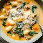 Creamy butternut squash gnocchi soup in a bowl with kale and sausage