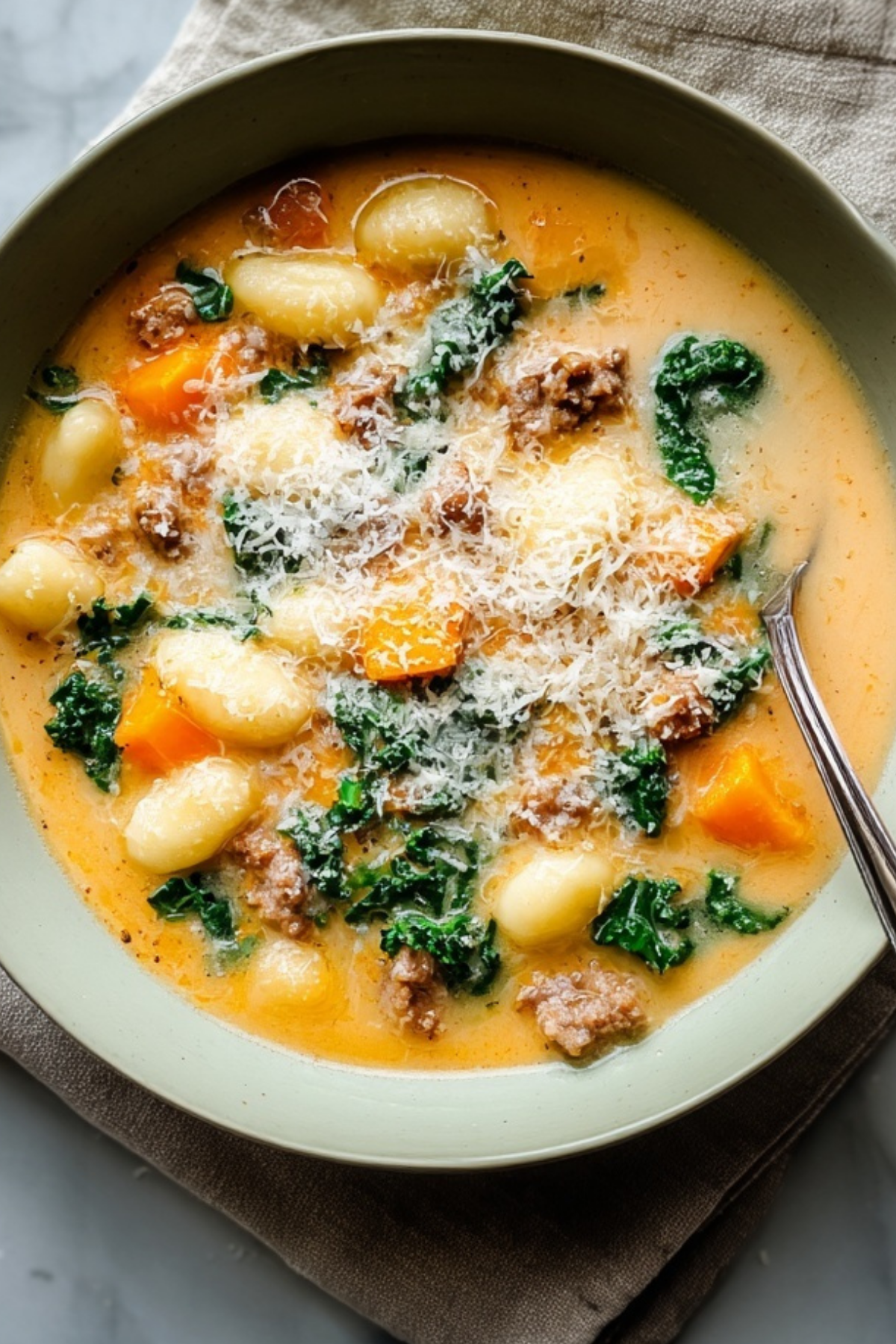 Creamy butternut squash gnocchi soup in a bowl with kale and sausage