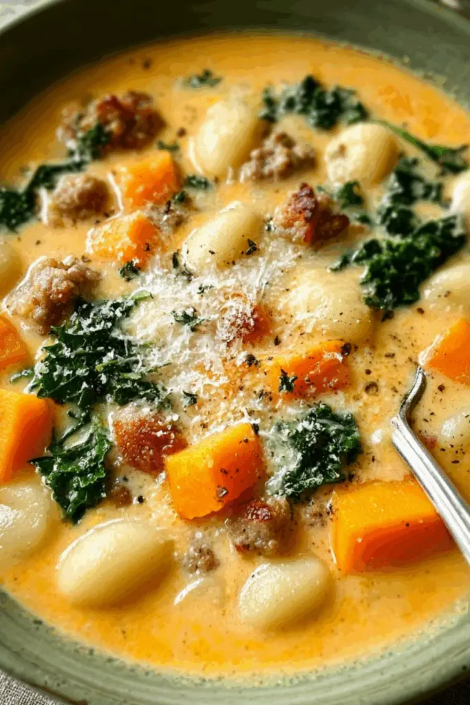 Creamy butternut squash gnocchi soup in a bowl with kale and sausage
