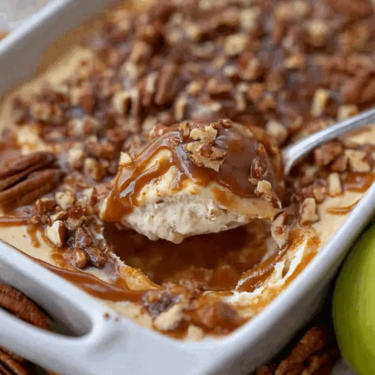 Caramel Apple Cheesecake Dip with fresh apple slices and caramel drizzle