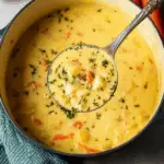 Creamy carrot potato soup served in a bowl with herbs