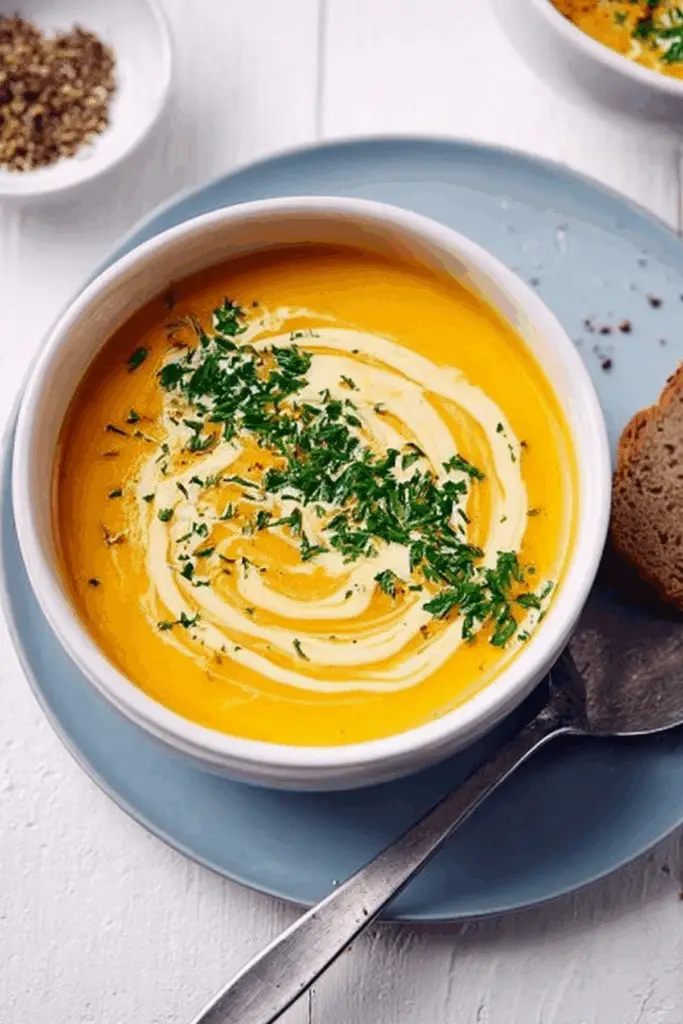 Creamy carrot potato soup served in a bowl with herbs