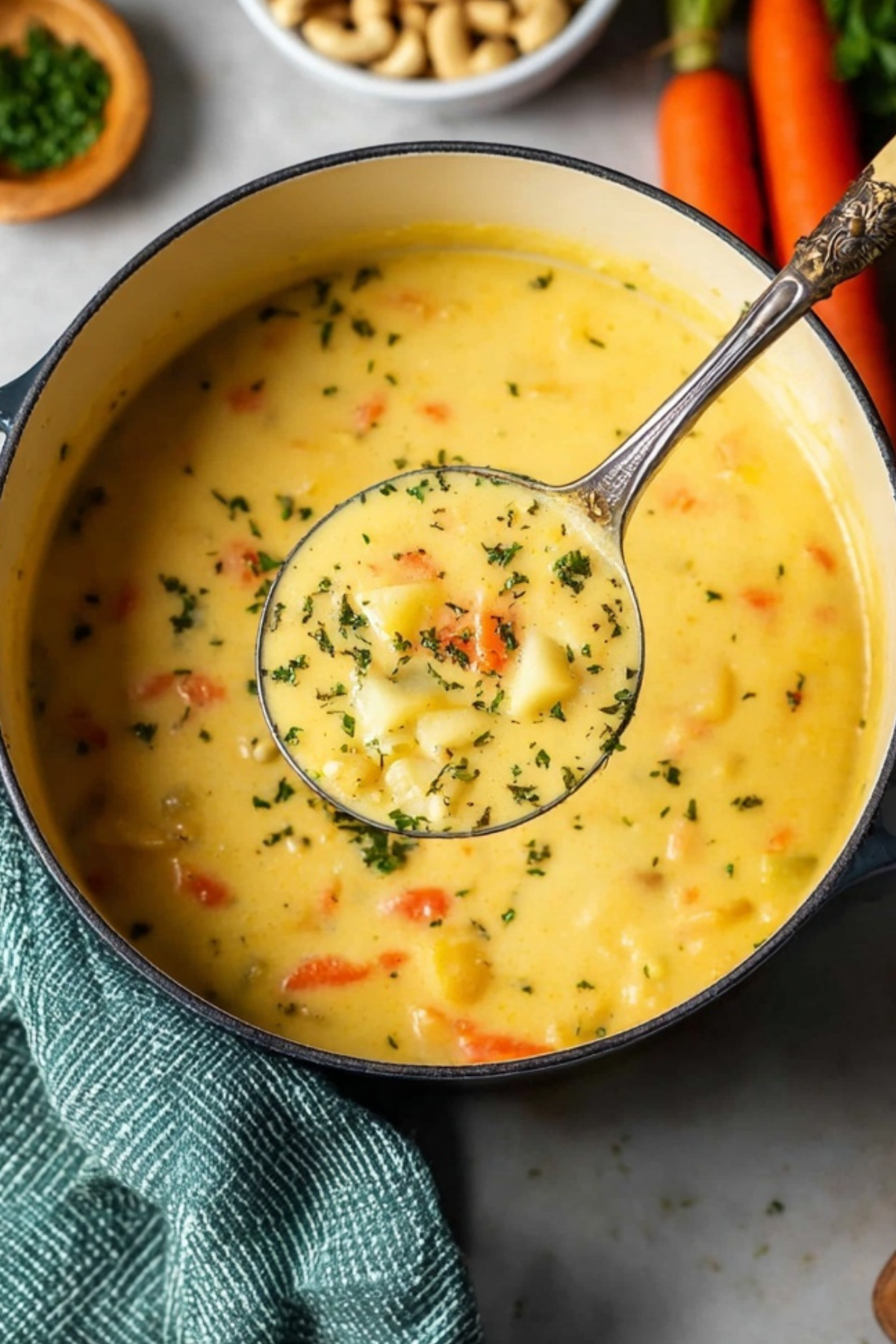 Creamy carrot potato soup served in a bowl with herbs