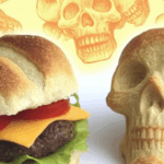 Cheeseburger Skulls Halloween recipe with skull-shaped buns and melted cheese