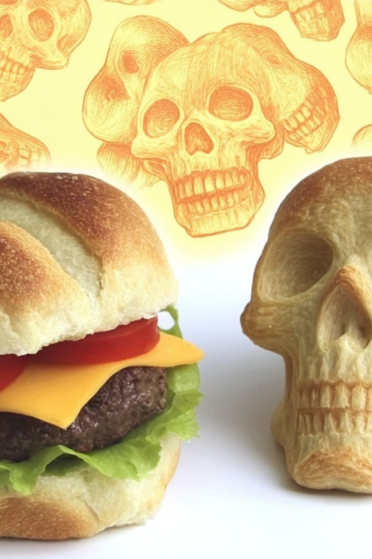 Cheeseburger Skulls Halloween recipe with skull-shaped buns and melted cheese