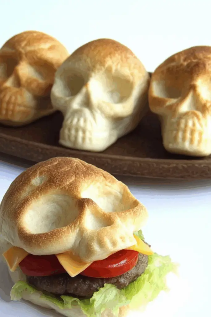 Cheeseburger Skulls Halloween recipe with skull-shaped buns and melted cheese