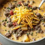 Cheeseburger Soup in a bowl with toppings like bacon and cheese