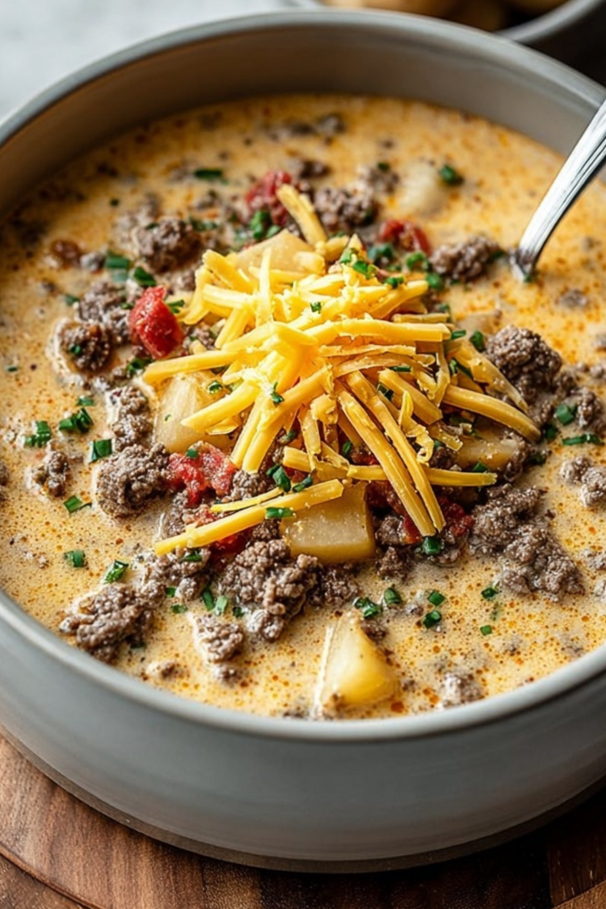 Cheeseburger Soup in a bowl with toppings like bacon and cheese