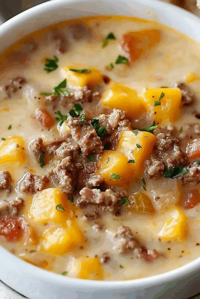 Cheeseburger Soup in a bowl with toppings like bacon and cheese