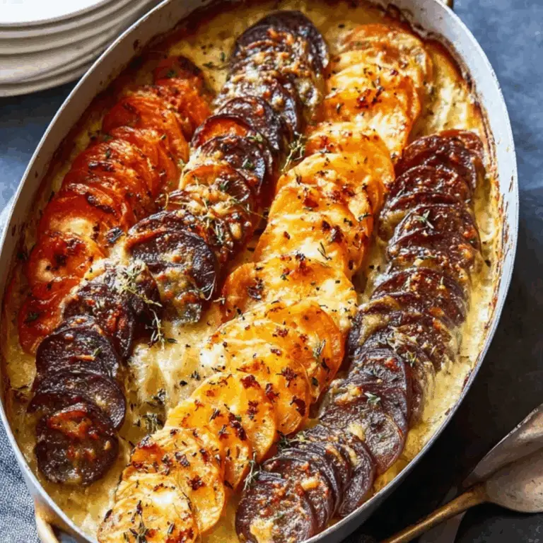 Cheesy Root Vegetable Gratin in a baking dish
