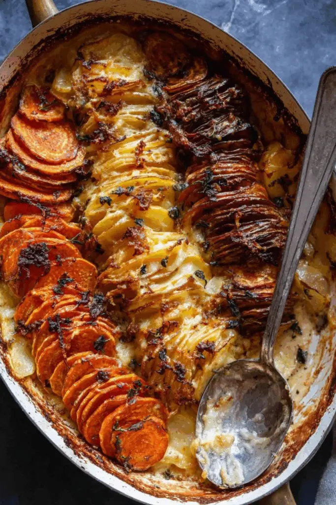 Cheesy Root Vegetable Gratin in a baking dish
