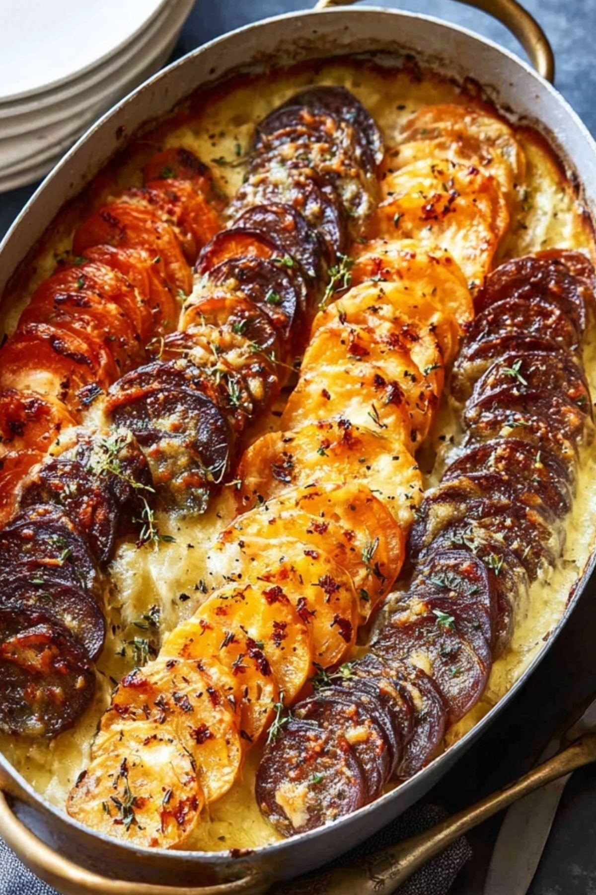 Cheesy Root Vegetable Gratin in a baking dish