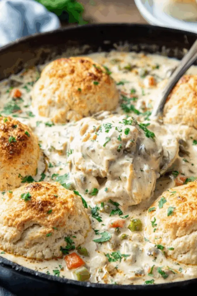 Creamy Country Chicken and Biscuits Casserole with Cheesy Biscuits