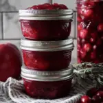 Cranberry Apple Jam in a jar, showcasing its chunky texture and vibrant color