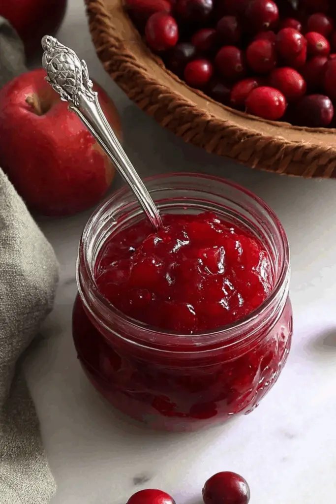Cranberry Apple Jam in a jar, showcasing its chunky texture and vibrant color